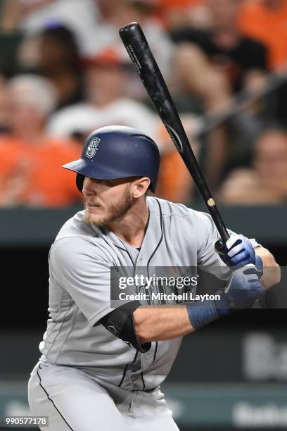 Chris Herrmann of the Seattle Mariners bats during a baseball game against the Baltimore Orioles at Oriole Park at Camden Yards on June 25, 2018 in...
