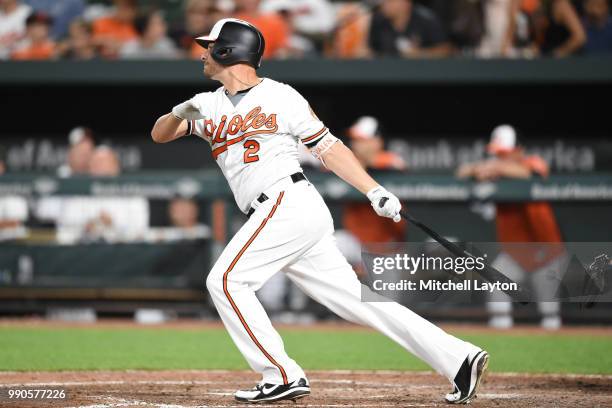 Danny Valencia of the Baltimore Orioles bats during a baseball game against the Seattle Mariners at Oriole Park at Camden Yards on June 25, 2018 in...