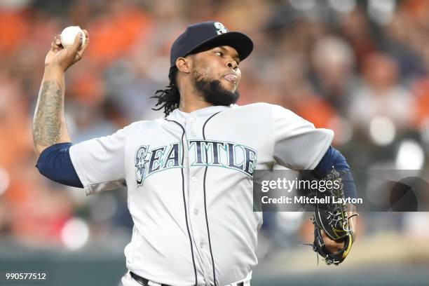 Alex Colome of the Seattle Mariners pitches during a baseball game against the Baltimore Orioles at Oriole Park at Camden Yards on June 25, 2018 in...