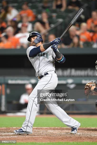 Nelson Cruz of the Seattle Mariners bats during a baseball game against the Baltimore Orioles at Oriole Park at Camden Yards on June 25, 2018 in...