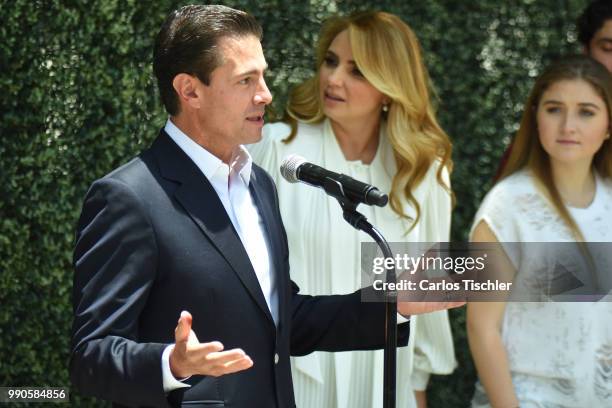 President of Mexico Enrique Pena Nieto speaks after voting during the Mexico 2018 Presidential Election on July 1, 2018 in Mexico City, Mexico. The...