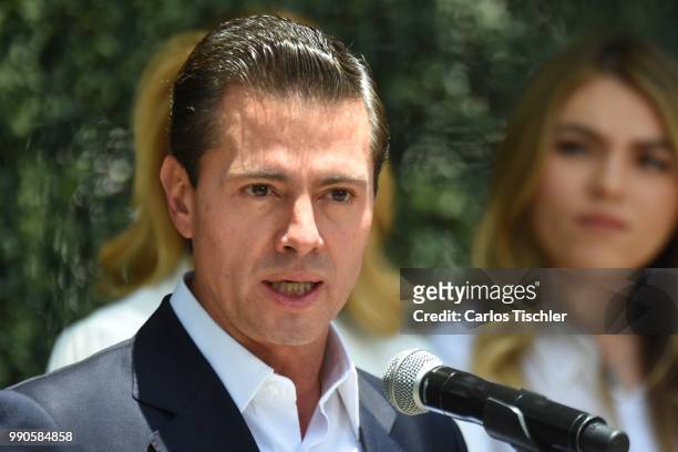 President of Mexico Enrique Pena Nieto speaks after voting during the Mexico 2018 Presidential Election on July 1, 2018 in Mexico City, Mexico. The...