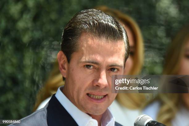 President of Mexico Enrique Pena Nieto speaks after voting during the Mexico 2018 Presidential Election on July 1, 2018 in Mexico City, Mexico. The...