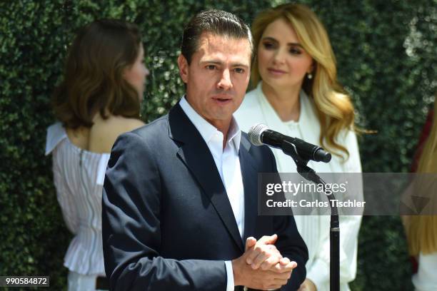 President of Mexico Enrique Pena Nieto speaks after voting during the Mexico 2018 Presidential Election on July 1, 2018 in Mexico City, Mexico. The...