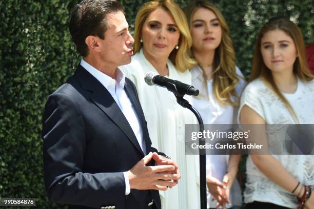 President of Mexico Enrique Pena Nieto speaks after voting during the Mexico 2018 Presidential Election on July 1, 2018 in Mexico City, Mexico. The...