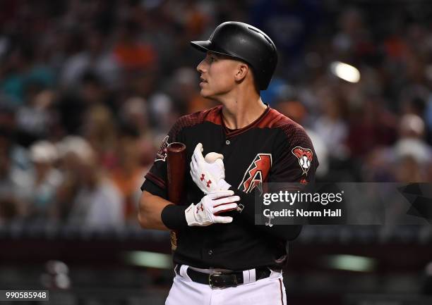 Jake Lamb of the Arizona Diamondbacks gets ready to step into the batters box against the San Francisco Giants at Chase Field on June 30, 2018 in...