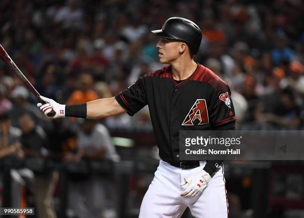 Jake Lamb of the Arizona Diamondbacks gets ready in the batters box against the San Francisco Giants at Chase Field on June 30, 2018 in Phoenix,...