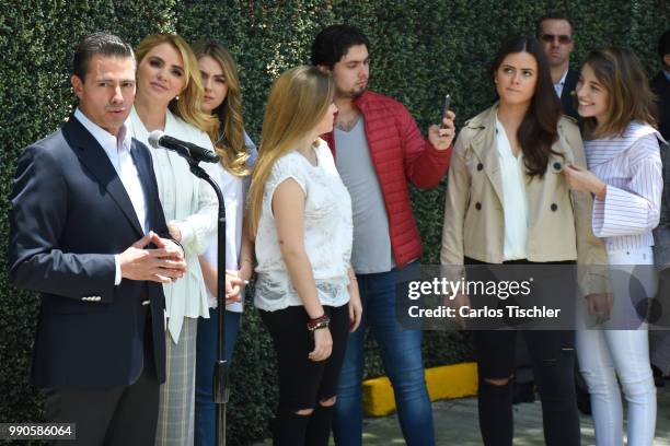 President of Mexico Enrique Pena Nieto speaks after voting during the Mexico 2018 Presidential Election on July 1, 2018 in Mexico City, Mexico. The...