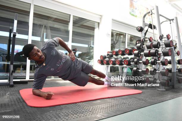 Ainsley Maitland-Niles of Arsenal attends a medical screening session at London Colney on July 3, 2018 in St Albans, England.