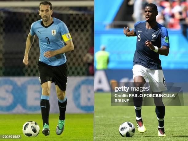 This combination of pictures created on July 03, 2018 shows Uruguay's Diego Godin in Montevideo, on June 7 and France's midfielder Paul Pogba in...