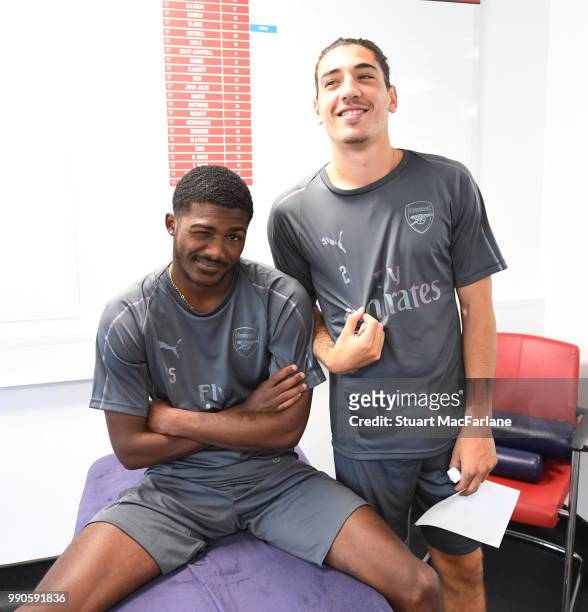Ainsley Maitland-Niles and Hector Bellerin of Arsenal attends a medical screening session at London Colney on July 3, 2018 in St Albans, England.