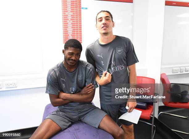Ainsley Maitland-Niles and Hector Bellerin of Arsenal attends a medical screening session at London Colney on July 3, 2018 in St Albans, England.