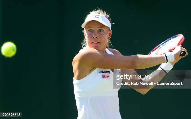 Johanna Larsson in action during her first round match with Venus Williams at All England Lawn Tennis and Croquet Club on July 2, 2018 in London,...