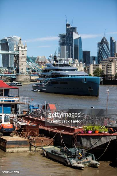 Aviva, a luxury yacht belonging to billionaire Tottenham Hotspur owner Joe Lewis, is pictured moored by Butler's Wharf on July 3, 2018 in London,...