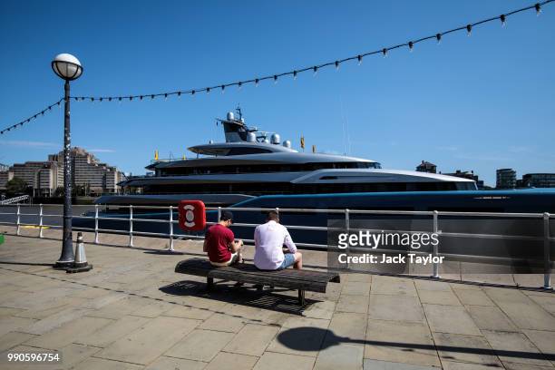 Aviva, a luxury yacht belonging to billionaire Tottenham Hotspur owner Joe Lewis, is pictured moored by Butler's Wharf on July 3, 2018 in London,...