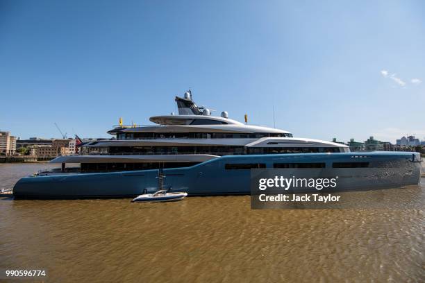 Aviva, a luxury yacht belonging to billionaire Tottenham Hotspur owner Joe Lewis, is pictured moored by Butler's Wharf on July 3, 2018 in London,...