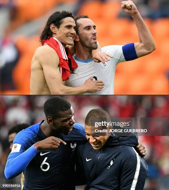 This combination of pictures created on July 03, 2018 shows Uruguay's forward Edinson Cavani and Uruguay's defender Diego Godin in Ekaterinburg on...