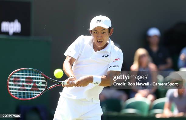 Yoshihito Nishioka during his first round match against Marin Cilic at All England Lawn Tennis and Croquet Club on July 2, 2018 in London, England.