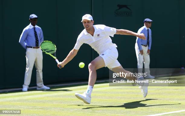 Sam Querrey in action against Jordan Thompson during their first round match at All England Lawn Tennis and Croquet Club on July 2, 2018 in London,...