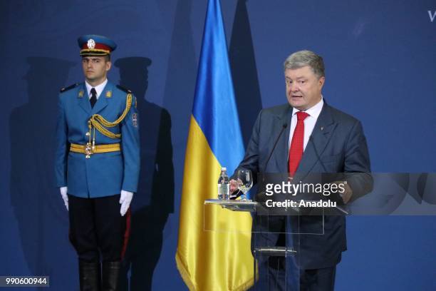 Ukrainian President Petro Poroshenko makes a speech during a joint press conference with Serbian President Aleksandar Vucic following their bilateral...