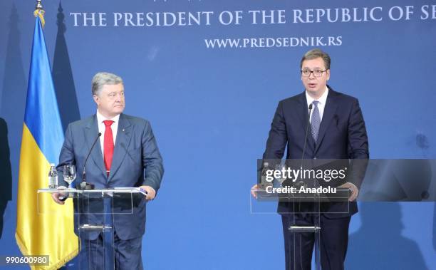 Serbian President Aleksandar Vucic makes a speech during a joint press conference with Ukrainian President Petro Poroshenko following their bilateral...