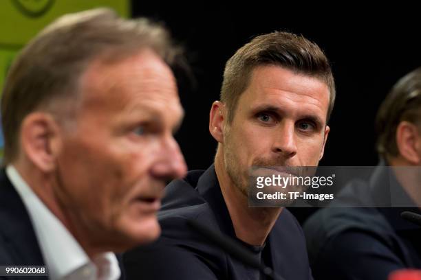 Hans-Joachim Watzke of Dortmund and Head of the Licensing Player Department Sebastian Kehl of Dortmund attend the press conference on July 3, 2018 in...