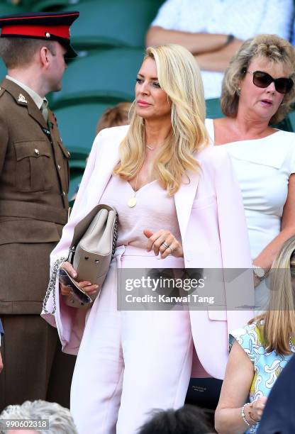 Tess Daly arrives in the royal box on day two of the Wimbledon Tennis Championships at the All England Lawn Tennis and Croquet Club on July 3, 2018...