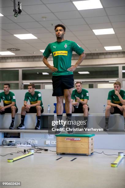 Keanan Bennetts during a jumping test of Borussia Moenchengladbach at Esprit Arena on July 03, 2018 in Duesseldorf, Germany.