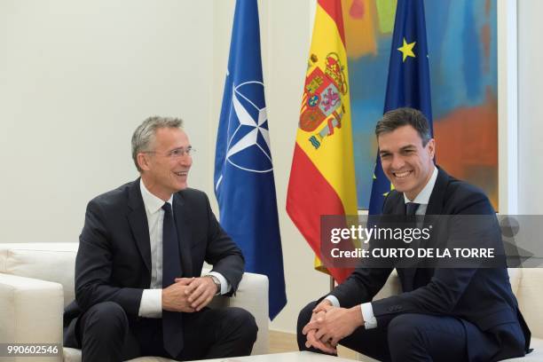 Spanish Prime Minister Pedro Sanchez meets with NATO General Secretary Jens Stoltenberg at the Moncloa palace in Madrid on July 3, 2018.