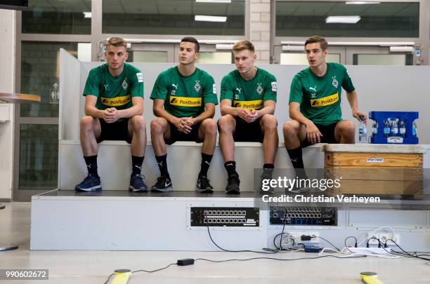 Louis Jordan Beyer, Laszlo Benes, Moritz Nicolas andKeanan Bennetts during a jumping test of Borussia Moenchengladbach at Esprit Arena on July 03,...