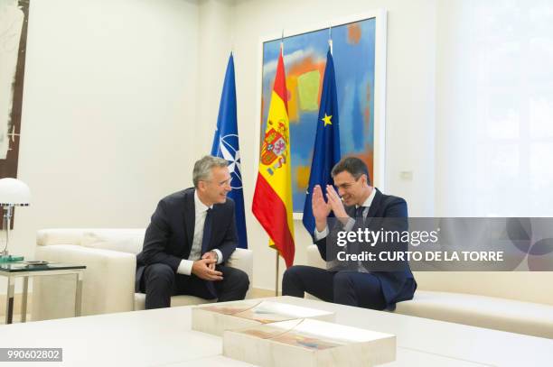 Spanish Prime Minister Pedro Sanchez meets with NATO General Secretary Jens Stoltenberg at the Moncloa palace in Madrid on July 3, 2018.