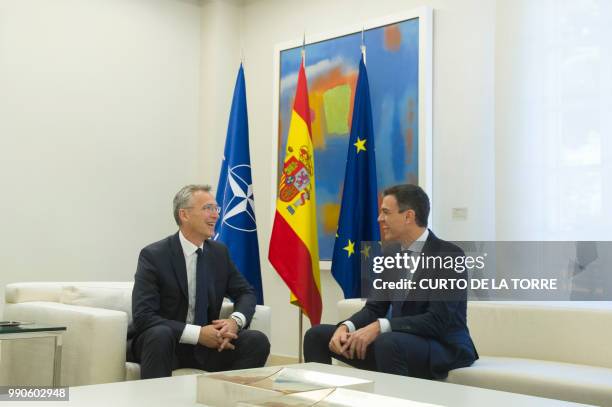 Spanish Prime Minister Pedro Sanchez meets with NATO General Secretary Jens Stoltenberg at the Moncloa palace in Madrid on July 3, 2018.