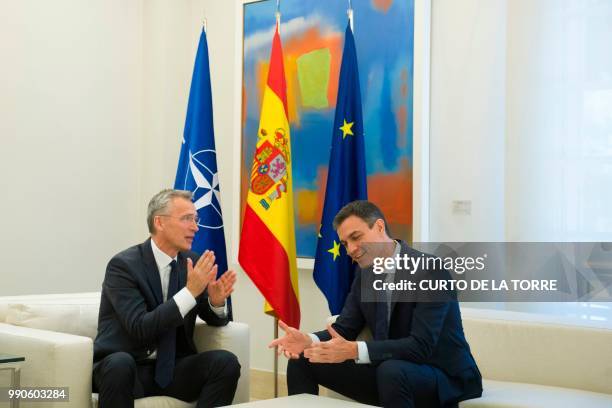 Spanish Prime Minister Pedro Sanchez meets with NATO General Secretary Jens Stoltenberg at the Moncloa palace in Madrid on July 3, 2018.