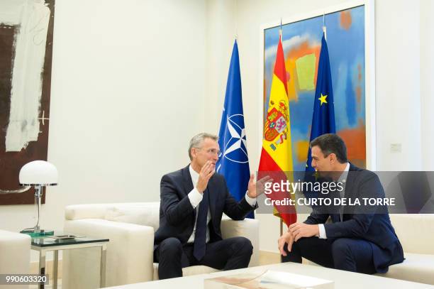 Spanish Prime Minister Pedro Sanchez meets with NATO General Secretary Jens Stoltenberg at the Moncloa palace in Madrid on July 3, 2018.