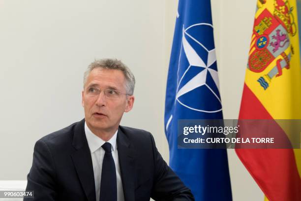 General Secretary Jens Stoltenberg looks on during a meeting with Spanish Prime Minister Pedro Sanchez at the Moncloa palace in Madrid on July 3,...