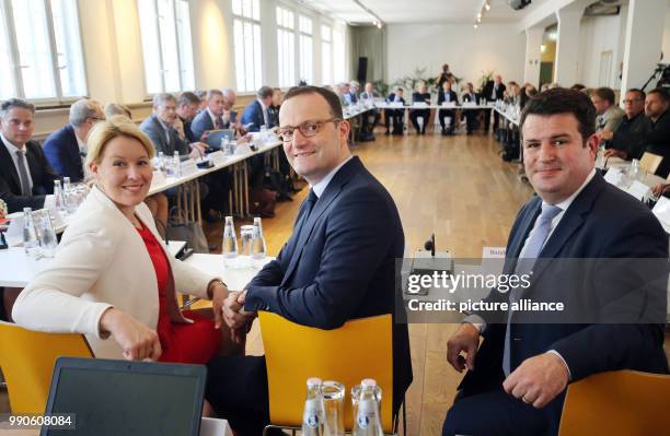 July 2018, Germany, Berlin: Minister for Family from the Social Democratic Party , Franziska Giffey , Minister for Health from the Christian...