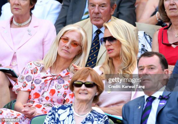 Joely Richardson and Tess Daly sit in the royal box on day two of the Wimbledon Tennis Championships at the All England Lawn Tennis and Croquet Club...