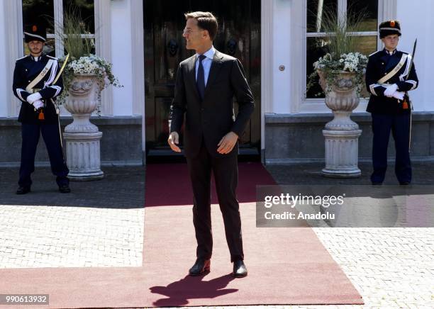 Dutch Prime Minister Mark Rutte waits to welcome his British counterpart Theresa May for a work lunch at the Catshuis, The Hague, Netherlands on July...