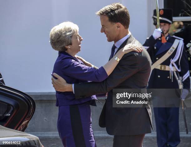 Dutch Prime Minister Mark Rutte welcomes his British counterpart Theresa May for a work lunch at the Catshuis, The Hague, Netherlands on July 3, 2018.