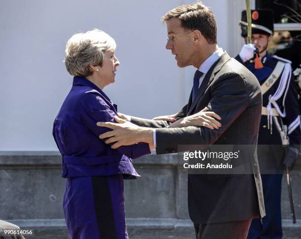 Dutch Prime Minister Mark Rutte welcomes his British counterpart Theresa May for a work lunch at the Catshuis, The Hague, Netherlands on July 3, 2018.