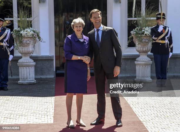 Dutch Prime Minister Mark Rutte welcomes his British counterpart Theresa May for a work lunch at the Catshuis, The Hague, Netherlands on July 3, 2018.