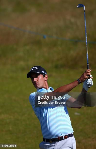 Matteo Manassero of Italy in action during a practise round ahead of the Dubai Duty Free Irish Open at Ballyliffin Golf Club on July 3, 2018 in...