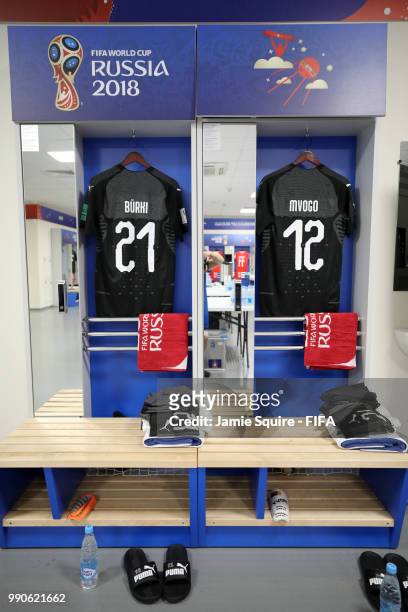 Roman Buerki and Yvon Mvogo's shirts hang inside the Switzerland dressing room prior to the 2018 FIFA World Cup Russia Round of 16 match between 1st...