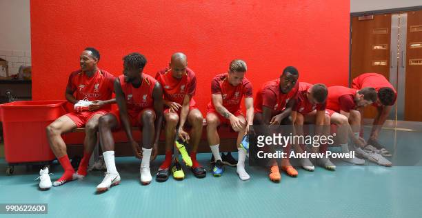 Nathaniel Clyne, Divock Origi, Fabinho, Harry Wilson, Rafael Camacho and Ryan Kent of Liverpool before a training session on the second day back at...
