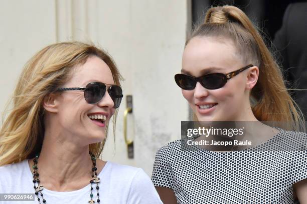 Lily-Rose Depp and Vanessa Paradis are seen arriving at Chanel Fashion Show during Haute Couture Fall Winter 2018/2019 on July 3, 2018 in Paris,...