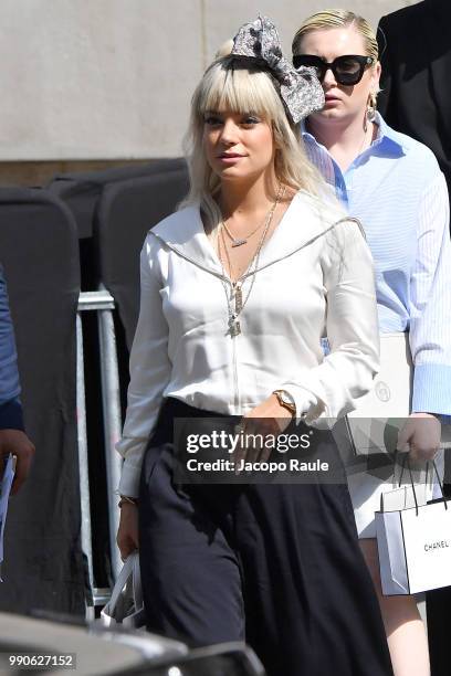 Lily Allen is seen arriving at Chanel Fashion Show during Haute Couture Fall Winter 2018/2019 on July 3, 2018 in Paris, France.