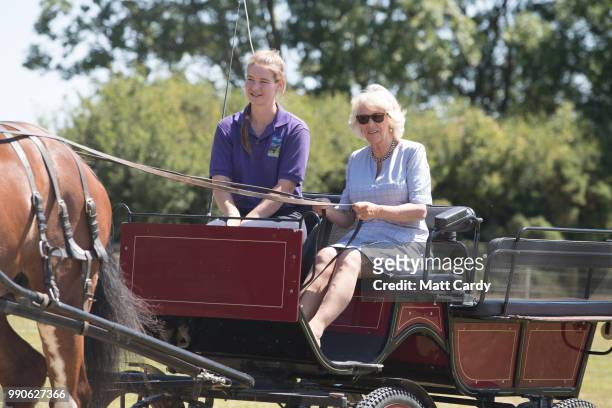 Camilla, the Duchess of Cornwall, is taken for a carriage ride as she visits Dyfed Shire Horse Farm in Eglwyswrw on July 3, 2018 in Pembrokeshire,...