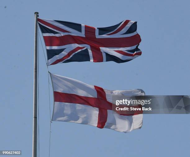 The England Flag flying over the Foreign Office along with the Union Jack marking the World Cup England game against Colombia in Russia later.