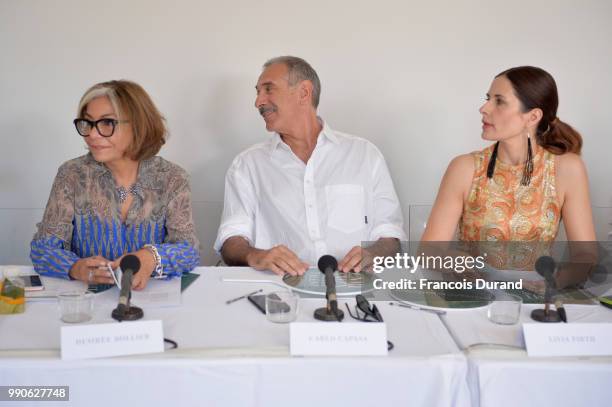Desiree Bollier, Carlo Capasa and Livia Firth attend the CNMI Green Carpet Talent Competition judging day at Avenue Franklin Roosevelt on July 3,...