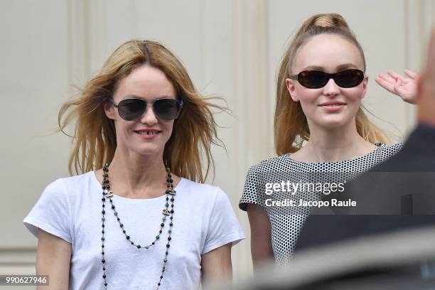 Lily-Rose Depp and Vanessa Paradis are seen arriving at Chanel Fashion Show during Haute Couture Fall Winter 2018/2019 on July 3, 2018 in Paris,...